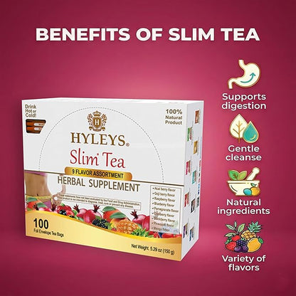 HYLEYS Slim Tea 9 Flavor Assortment 100 Ct - Weight Loss Herbal Supplement Cleanse and Detox - 100 Tea Bags (9 Pack) - Herbal Tea Variety Pack