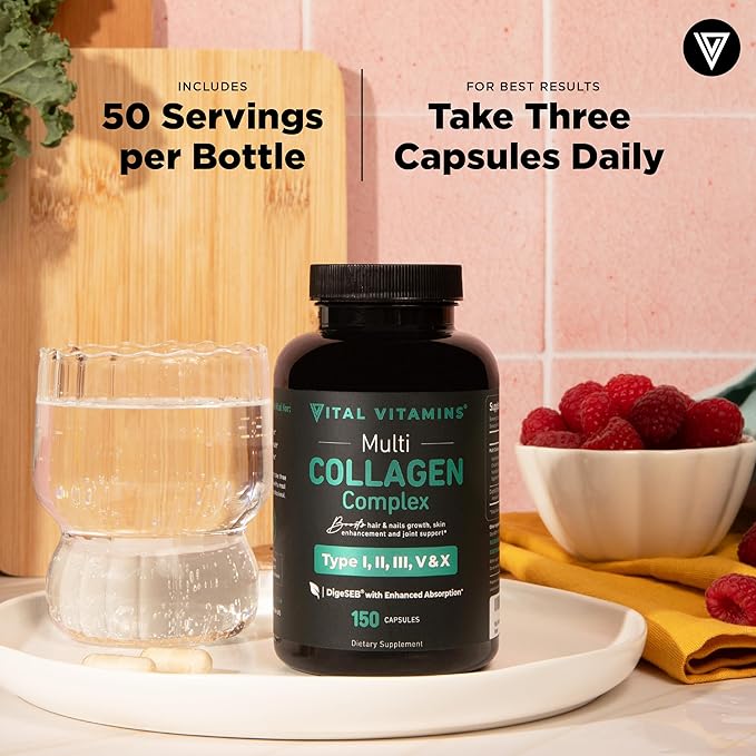 Vital Vitamins Multi Collagen Capsules (2-Pack) - Type I, II, III, V, X - Grass-Fed, Collagen Peptides Supplements, Non-GMO - for Men & Women