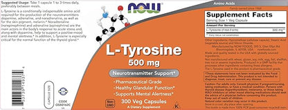 NOW Foods L-Tyrosine 500mg, 300 Capsules (Pack of 2) - Non GMO Supplement - 500 mg Caps - Free Form Ltyrosine