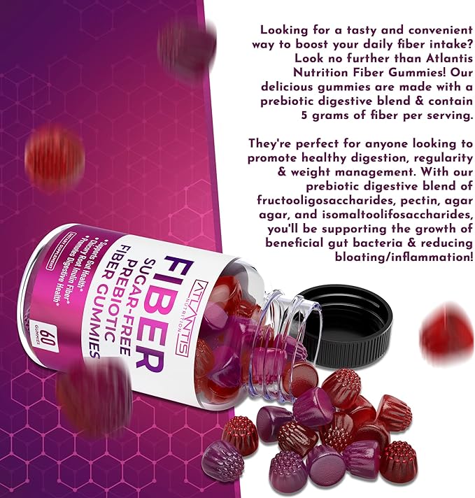 Atlantis Nutrition Sugar Free Fiber Gummies for Adults - 5G Fiber Supplement Formulated with 5.4G Prebiotic Digestive Blend/Serving - Supports Gut Health & Healthy Digestion - 2-Pack 120 Gummies