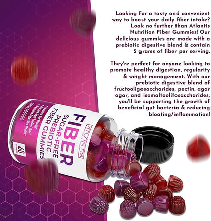Atlantis Nutrition Sugar Free Fiber Gummies for Adults - 5G Fiber Supplement Formulated with 5.4G Prebiotic Digestive Blend/Serving - Supports Gut Health & Healthy Digestion - 2-Pack 120 Gummies