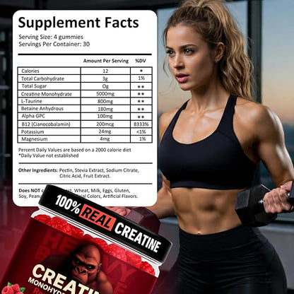 Creatine Monohydrate Gummies 5g Sugar Free Creatine with Vitamin B12 and L-Taurine | Muscle Growth for Men and Women | Low Calorie Formula 120 Gummies for 30 Servings, Raspberry