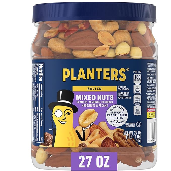 PLANTERS Mixed Nuts, Salted, 27 oz, Resealable Jar - Salted Nuts with Less than 50% Peanuts (*Nuts are Measured by Weight), Almonds, Cashews, Hazelnuts & Pecans - Kosher
