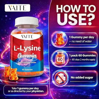 VAITE L-Lysine 1000mg Gummies - Supports Skin, Lip, Vegan, Gluten Free, Vitamins for Adults Tissue Health & Immune System, Chewables, Amino Acid Vitamin Supplement & Complex Supplements, Non-GMO
