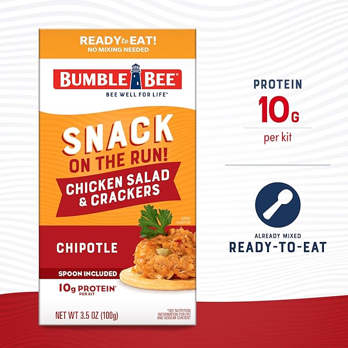 Bumble Bee Snack On The Run! Protein Snack Pack - Chipotle Chicken Salad with Crackers - 10g Protein per Box - Ready to Eat Easy-Open Canned Chicken Salad (Pack of 1)