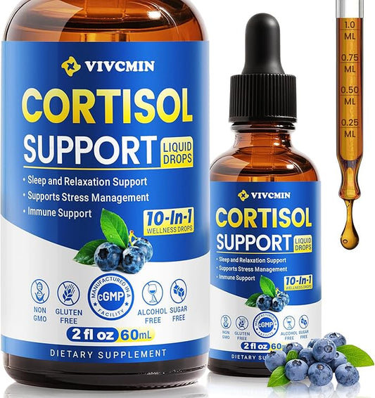 10 in 1 Cortisol Supplements for Women & Men, Cortisol Reducer with Ashwagandha, Magnesium, L-Theanine, Hormone Balance Drops - Sleep & Mood Support, 2 Fl Oz, Blueberry Flavor