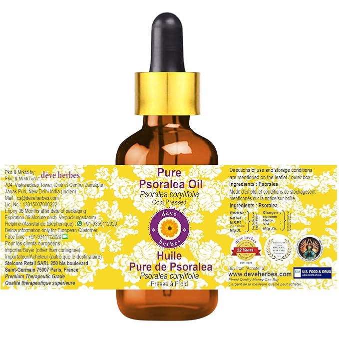 dève herbes Pure Psoralea Oil (Psoralea corylifolia) with Glass Dropper Cold Pressed (Pack of Two) 100ml X 2 (6.76 oz)