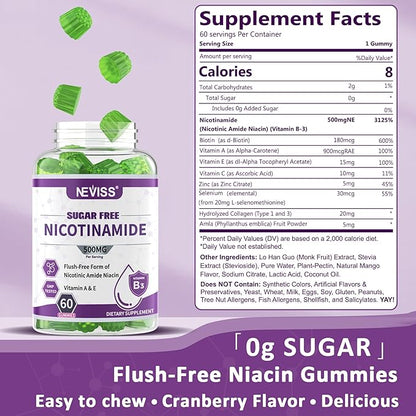 Sugar Free Nicotinamide 500mg Gummies, (Flush Free Niacin) Vitamin B3 Niacinamide Supplement for Cellular Energy Metabolism & Repair, Vitality, Healthy Aging, Cranberry Flavor, Easy to Chew, 120 Cts