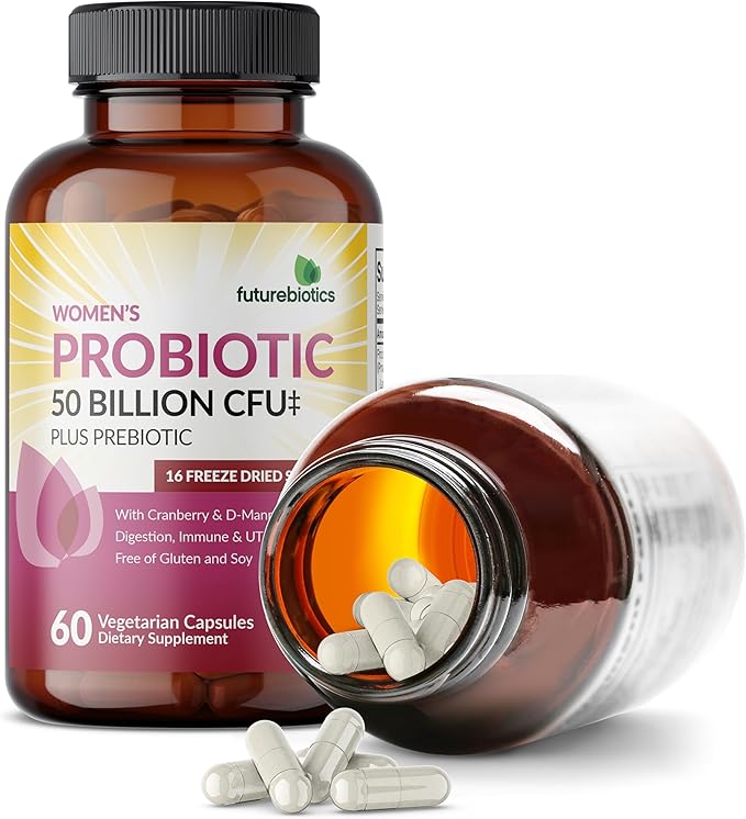 Futurebiotics Women's Probiotic 50 Billion CFU + Prebiotic with Cranberry & D-Mannose – Digestion Immune and Urinary Tract Support, Non-GMO, 60 Vegetarian Capsules