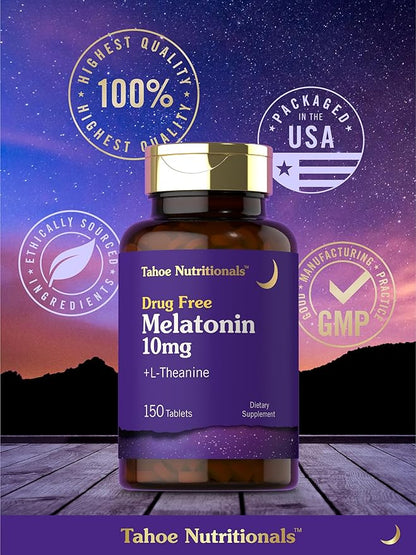 Tahoe Nutritionals Melatonin 10mg | 150 Tablets | with L-Theanine | 100% Drug Free Aid | Vegetarian, Non-GMO, Gluten Free Supplement