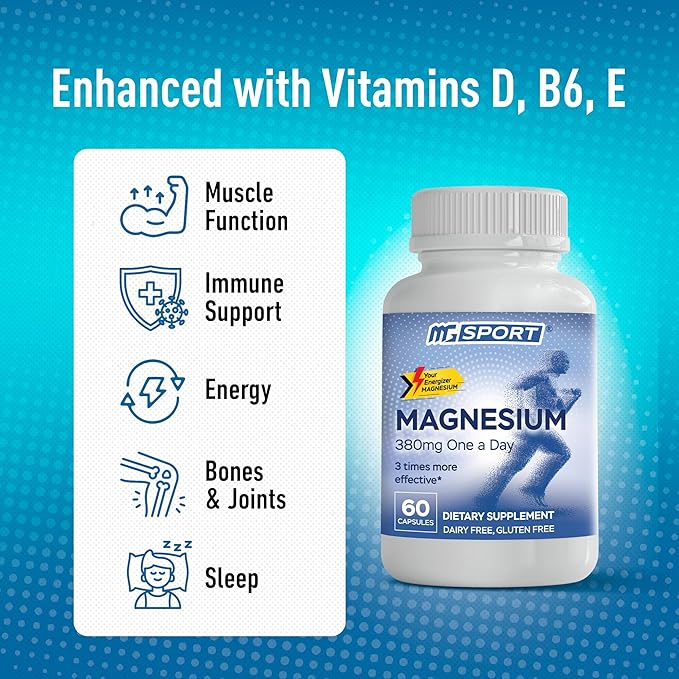 MGSPORT Magnesium Supplement 380mg - High Absorption Magnesium Complex Formula with Vitamins B6, D, E - Supports Muscle Function and Sleep Quality - 60 Servings