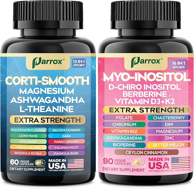 Cortisol & Myo-Inositol Supplement Bundle, Soothe & Smooth Bundle, 13-in-1 Cortisol Balance, Magnesium, Ashwagandha, L-Theanine, D-Chiro Inositol, Folate, Berberine, Chasteberry (150 Capsules)