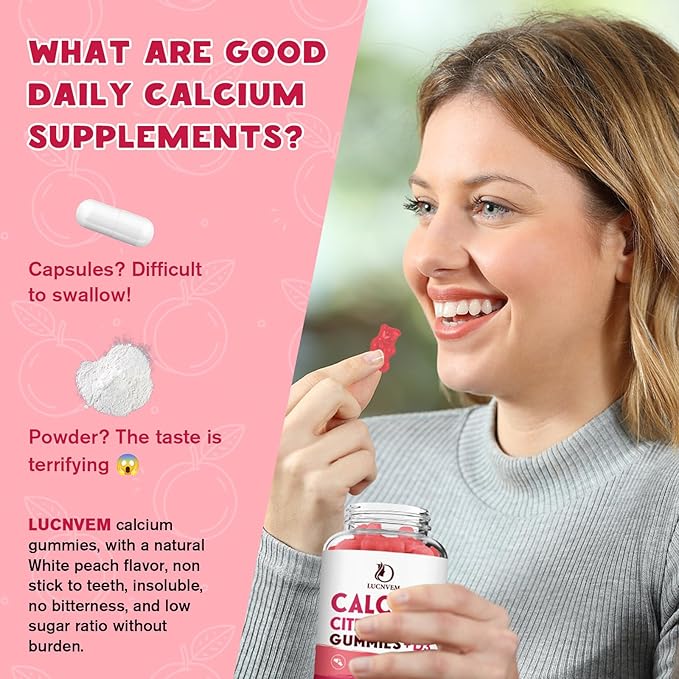 Calcium Citrate 1200mg with Vitamin D3 Gummies, Calcium Gummies with Vitamin D3 for Women & Men, Cal Magnesium Zinc for Bone Muscle Healthy- Natural White Peach Flavor- 30 Day Supply