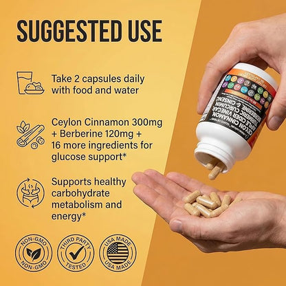 Clean Nutraceuticals Ceylon Cinnamon Capsules + Berberine Turmeric Apple Cider Vinegar Ginseng Bitter Melon Gymnema Milk Thistle Fenugreek Supplement Pills Powder for Men & Women