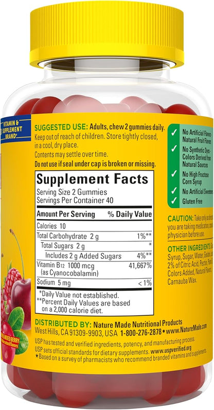 Nature Made Vitamin B12 Gummies 1000 mcg per serving, Dietary Supplement for Energy Metabolism Support, B12 Vitamins, 80 Gummy Vitamins, 40 Day Supply