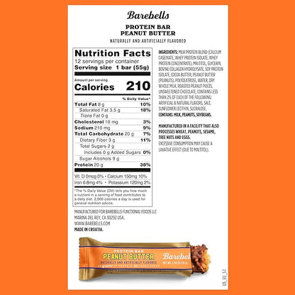 Barebells Protein Bars Peanut Butter - 24 Bars (2 Packs of 12), 20g High Protein Treats - Chocolate Peanut Butter Nutrition Bar with 1g Total Sugars - On-The-Go Breakfast or Post-Workout Snack