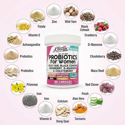 Clean Nutraceuticals Probiotics for Women with D Mannose, Cranberry Extract, Wild Yam, Chasteberry - 20 Probiotic and Prebiotic Strains - PH Balance, Womens Probiotic for Digestive Health - 60 Count