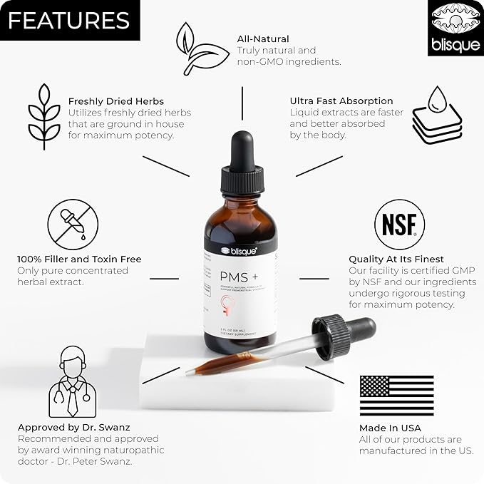 Blisque – Natural PMS Support Supplement for Period Cramps and Bloating Relief | Hormone Balance for Women | with Chasteberry | Doctor Approved | Vegan and Non-GMO | 2 Ounces | 59 Servings