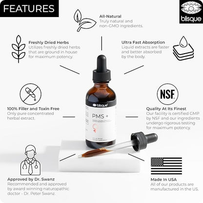 Blisque – Natural PMS Support Supplement for Period Cramps and Bloating Relief | Hormone Balance for Women | with Chasteberry | Doctor Approved | Vegan and Non-GMO | 2 Ounces | 59 Servings