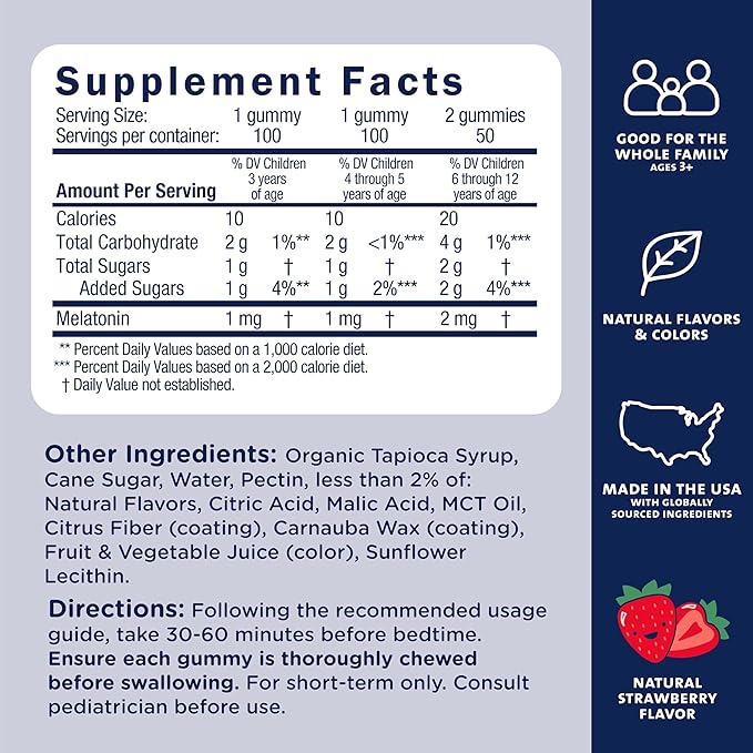 Mommy's Bliss Kids Sleep Melatonin Gummies, Non Habit-Forming with No Artificial Colors, Flavors or Gelatin - Age 3 Years+ - Strawberry Flavor - 100 Sleep Gummies,(Pack of 2)