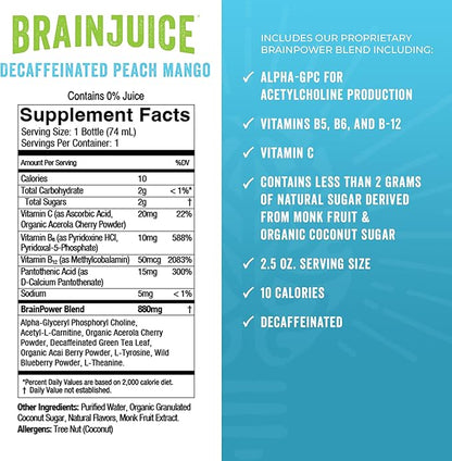 BrainJuice Decaf Brain Support Shot, Gluten Free Supplement Shots for Energy & Focus, Healthy Drinks with Alpha GPC, Vitamin B & Decaffeinated Green Tea Leaf, Peach Mango, 2.5 fl oz, 12 Pack