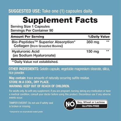 NeoCell Collagen Peptides Capsules | 90 Count | Plus Hyaluronic Acid | Skin Hydration | Superior Absorption | Advanced Grass Fed Formula Supplement | for Women and Men