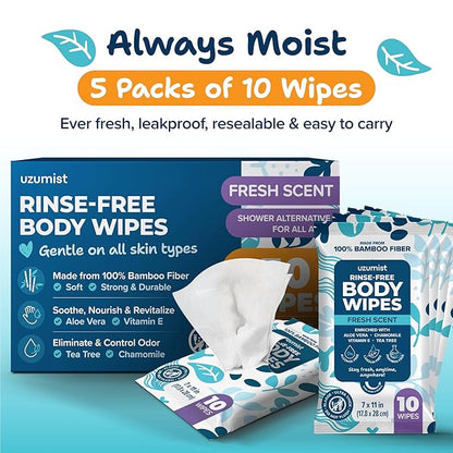 Body Wipes for Adults Bathing No Rinse 50pc XL - Ultra Thick Shower Travel Wipes for Personal Cleansing & Hygiene Essentials, Elderly Care, Incontinence Disposable Washcloths for Women Men