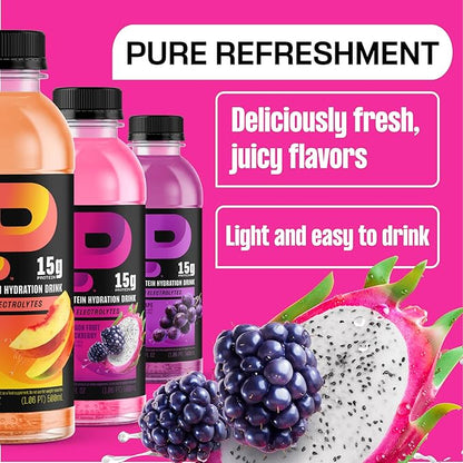 Protein2o Hydration Drink - 2-in-1 Liquid Clear Whey Protein Isolate and Electrolyte Drink - 15g Protein,Vitamins B5,B6 - Post-Workout Recovery - 16.9 Fl Oz - Dragon fruit Blackberry,(Pack of 24)