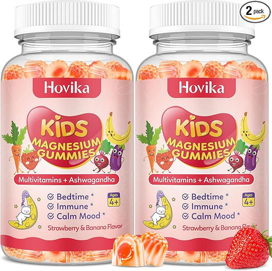 Magnesium Glycinate Gummies for Kids - Kids Magnesium Gummies, with L-Theanine, Chamomile & Multivitamins for Sleep, Calm & Focus - Strawberry Banana Center-Filled Gummies 60 ct (2 Pack)