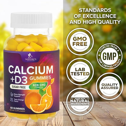 Calcium Supplement Gummies - Sugar Free Calcium Gummy with Vitamin D3 for Best Absorption - Supports Immune Health, Bones & Teeth - Nature's Calcium Chews for Women & Men - Orange Flavor - 60 Gummies