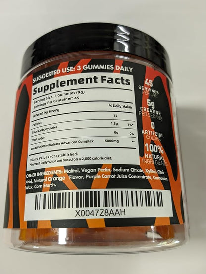Creatine Monohydrate Gummies for Men & Women - 5g of Creatine Monohydrate per Serving - Sugar Free,Vegan, Orange Flavor, 135 Count (45 Servings).