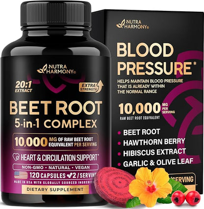 Beet Root 5-in-1 Complex Capsules - Healthy Blood Pressure Support Supplement** for Heart & Circulation Support - Olive Leaf, Hawthorn Berry & Hibiscus - for Men & Women - Made in USA, 120 Capsules