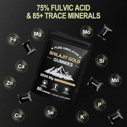 Shilajit Gummies for Men & Women, Rich in Ashwagandha Gaulshura Fulvic Acid 85 Micronutrients, No Added Sugar Non-GMO 100% Natural Organic, Energy Support & Overall Health, 80 Gummies
