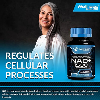 WELLNESS LABSRX Liposomal NAD Supplement, 1500mg - USA Made, NAD Resveratrol Supplement for Women and Men, NAD+ Support Cellular Health, Energy & Anti Aging - 90 Count
