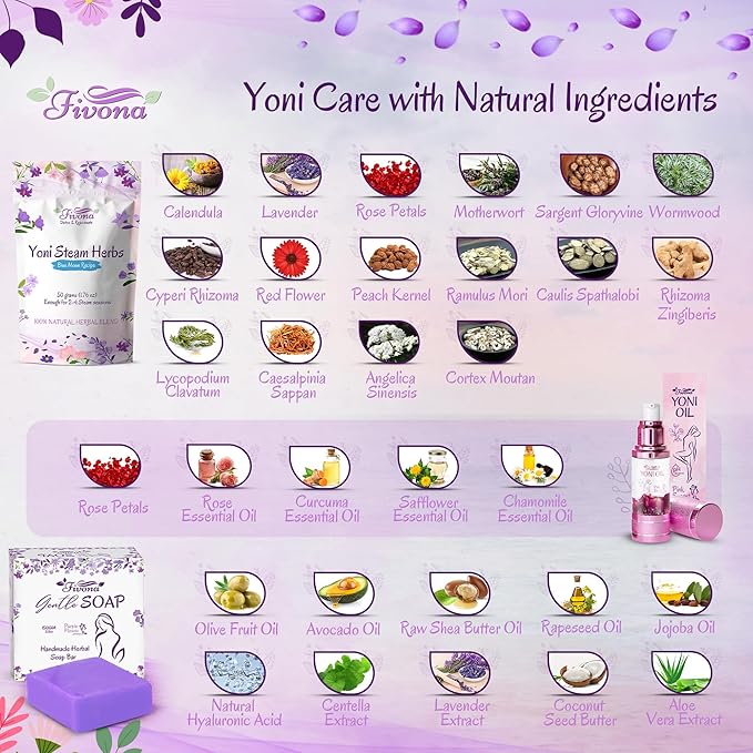 Fivona Yoni Care Kit 4 in 1 - pH Balanced Natural Yoni Oil, Herbal Bar Soap for Feminine V Wash, Detox V Stream Herbs Sunrise, Foldable Sitz Bath Steam Pot