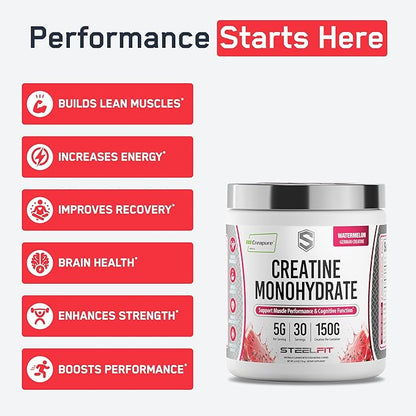 SteelFit Creapure Pure Creatine Monohydrate Powder for Men & Women, Watermelon - Flavored Creatine Gym Workout Supplements for Lean Muscle Gain, Brain Health & Strength Building - 30 Servings