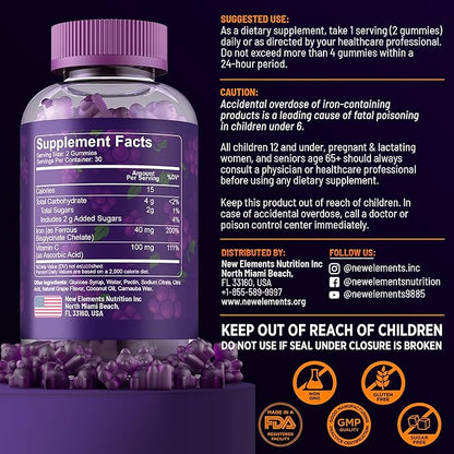 New Elements Iron Gummies 40mg with Vitamin C 100mg – Best Iron Supplement for Women, Men & Adults – Free Blood Builder for Anemia – Immune Support & Energy Booster | Fruit Pectin | Vegan | Non-GMO