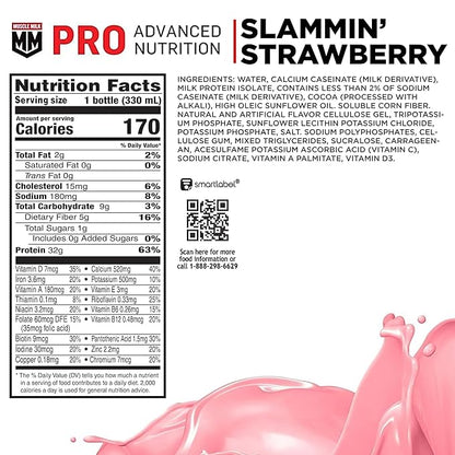 Muscle Milk Pro Advanced Nutrition Protein Shake, Slammin' Strawberry, 11.16 Fl Oz (Pack of 12), 32g Protein, 1g Sugar, 16 Vitamins & Minerals, 5g Fiber, Bottled Liquid, Gluten Free