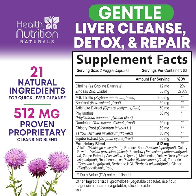 Gentle Liver Cleanse Detox & Repair Formula - Advanced Liver Support Supplement with Silymarin Milk Thistle, Dandelion Root, Artichoke Extract, Turmeric, Choline, & Beetroot - 120 Veggie Capsules