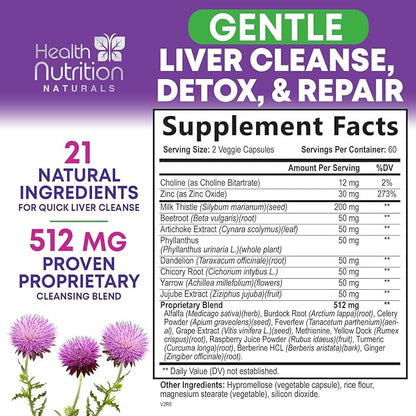 Gentle Liver Cleanse Detox & Repair Formula - Advanced Liver Support Supplement with Silymarin Milk Thistle, Dandelion Root, Artichoke Extract, Turmeric, Choline, & Beetroot - 120 Veggie Capsules