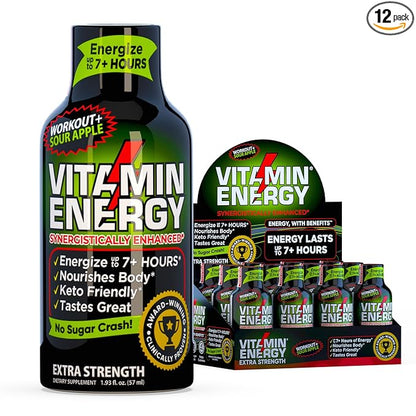 Vitamin Energy Workout+ Extra Strength Energy Shot Sour Apple 12 Pack, 260mg Natural Caffeine, Pre-Workout, B-Vitamins, Minerals, Endurance & Performance, Zero Sugar, Gluten-Free, Vegan, 1.93 fl oz