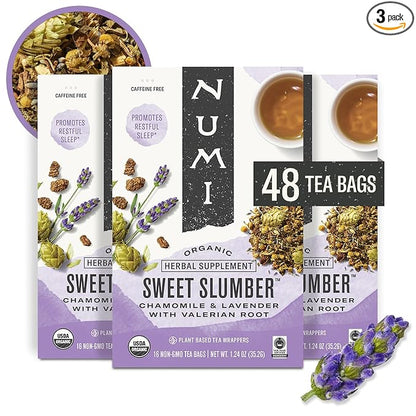 Numi Organic Tea Sweet Slumber with Chamomile, Valerian Root & Lavender, 16 Count Box of Tea Bags (Pack of 3) Herbal Teasan (Packaging May Vary)