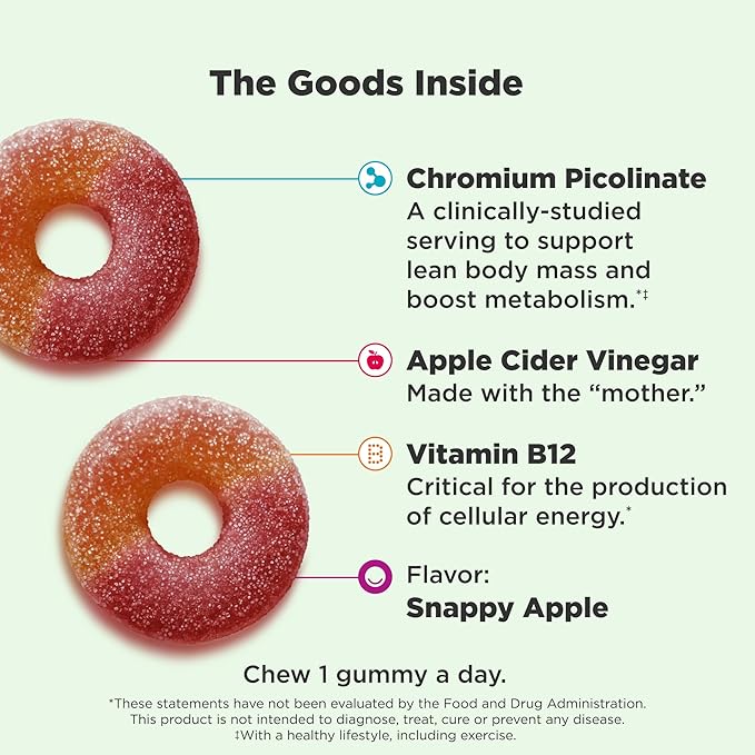 OLLY Metabolism Gummy Rings, Metabolism and Cellular Energy Chewable Supplement,* Apple Cider Vinegar, Vitamin B12, Chromium Picolinate, Apple Flavored, 60 Day Supply - 60 Count