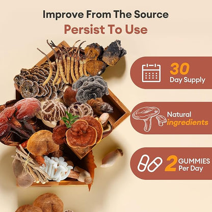 Mushroom Gummies 16-In-1 Mushroom Blend With Ashwagandha Gummies For Brain Health,Cognitive, Memory & Focus,Energy 0g Added Sugar Mushroom Supplement Lions Mane,Reishi,Cordyceps,Turkey Tail,Chaga (60)