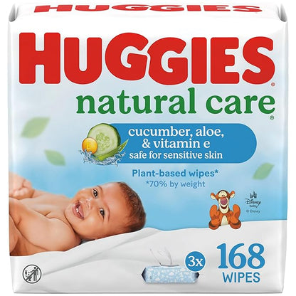 Huggies Natural Care Cucumber, Aloe and Vitamin E Baby Wipes, Hypoallergenic, Scented, 3 Flip-Top Packs (168 Wipes Total), Packaging May Vary