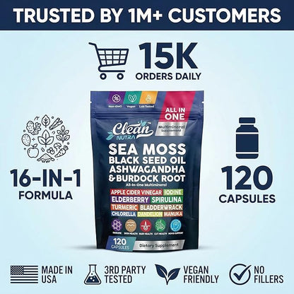 Clean Nutraceuticals Sea Moss Black Seed Oil Ashwagandha Turmeric Bladderwrack Burdock & Vitamin C Vitamin D3 with Elderberry Manuka Dandelion (120 Count (Pack of 1))