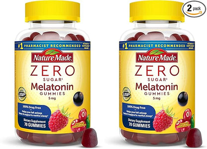 Nature Made Zero Sugar Melatonin 5mg Sleeping Gummies for Adults Extra Strength,100% Drug & Aspartame Free,70 Sugar-Free Melatonin Gummies,70 Day Supply,(Pack of 2)