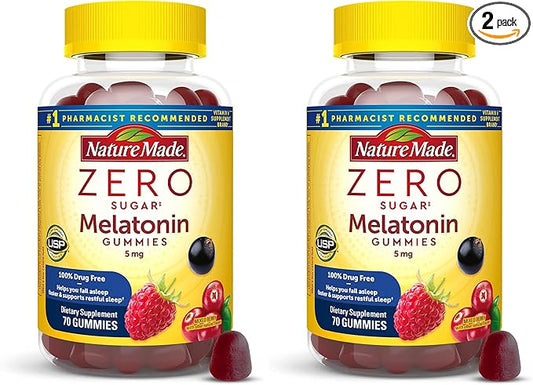 Nature Made Zero Sugar Melatonin 5mg Sleeping Gummies for Adults Extra Strength,100% Drug & Aspartame Free,70 Sugar-Free Melatonin Gummies,70 Day Supply,(Pack of 2)