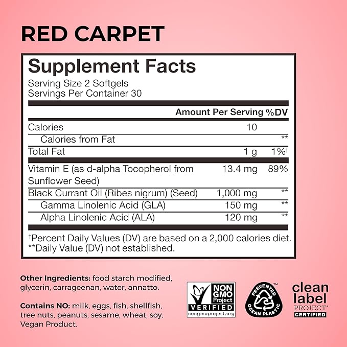 HUM Red Carpet Skin & Hair Vitamins for Women with Omega 3 Fatty Acids, Vitamin E, and Black Currant Seed Oil, Supplement for Skin Health & Healthy Hair Follicles Support, 60 Count