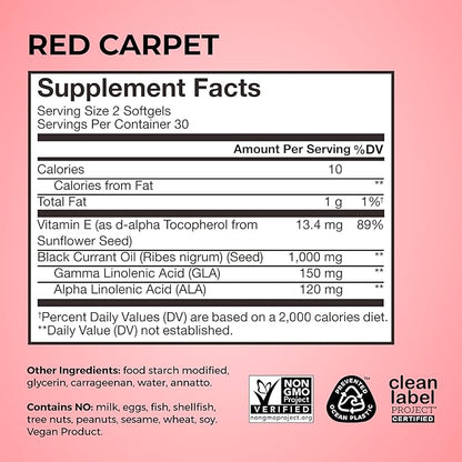 HUM Red Carpet Skin & Hair Vitamins for Women with Omega 3 Fatty Acids, Vitamin E, and Black Currant Seed Oil, Supplement for Skin Health & Healthy Hair Follicles Support, 60 Count